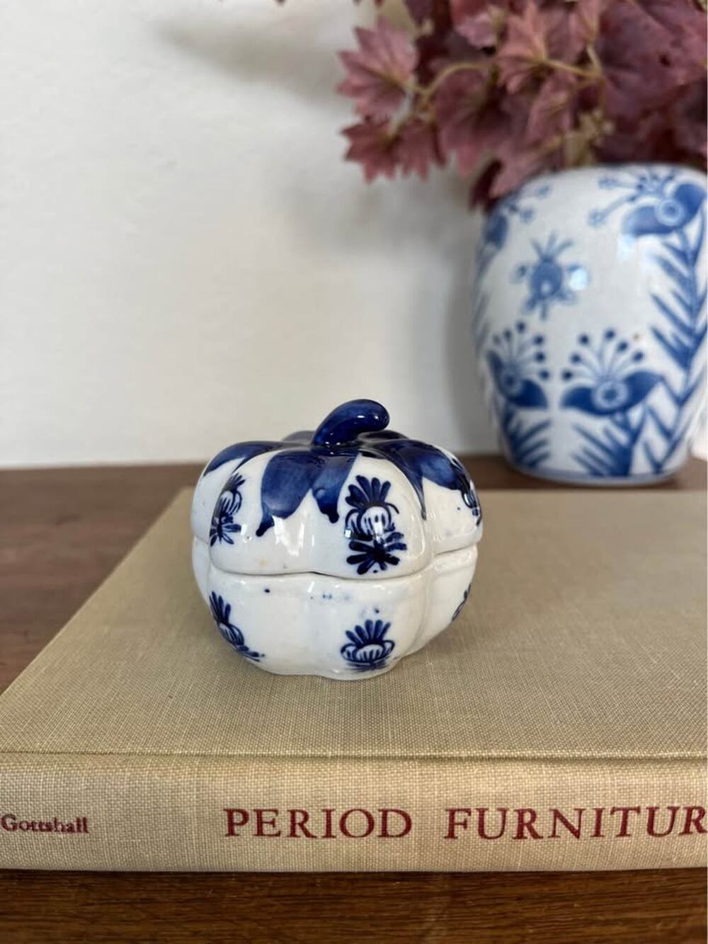 Vintage Blue and White Ceramic Pumpkin Trinket Box